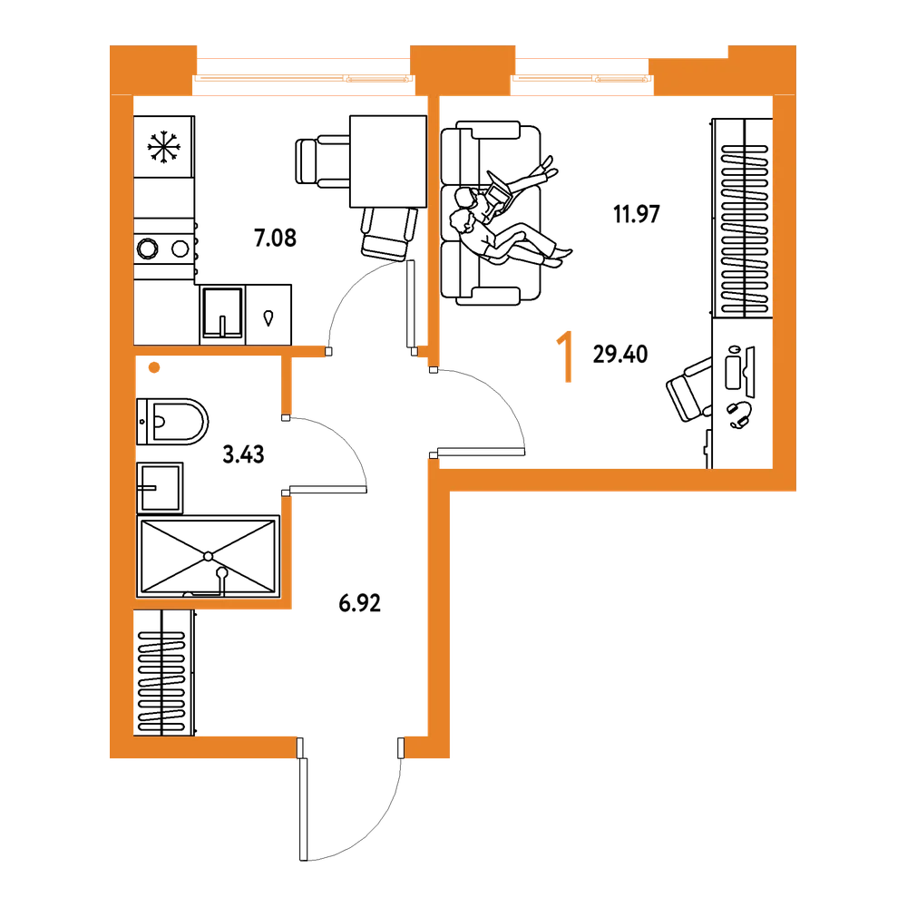 Планировка: 1-комнатная 29,4 м²