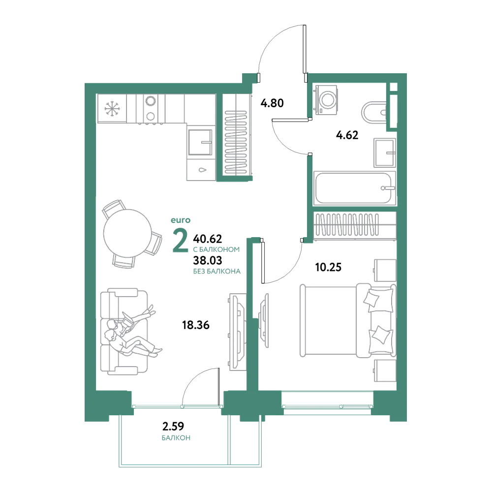 Планировка: Евродвушка 40,62 м²