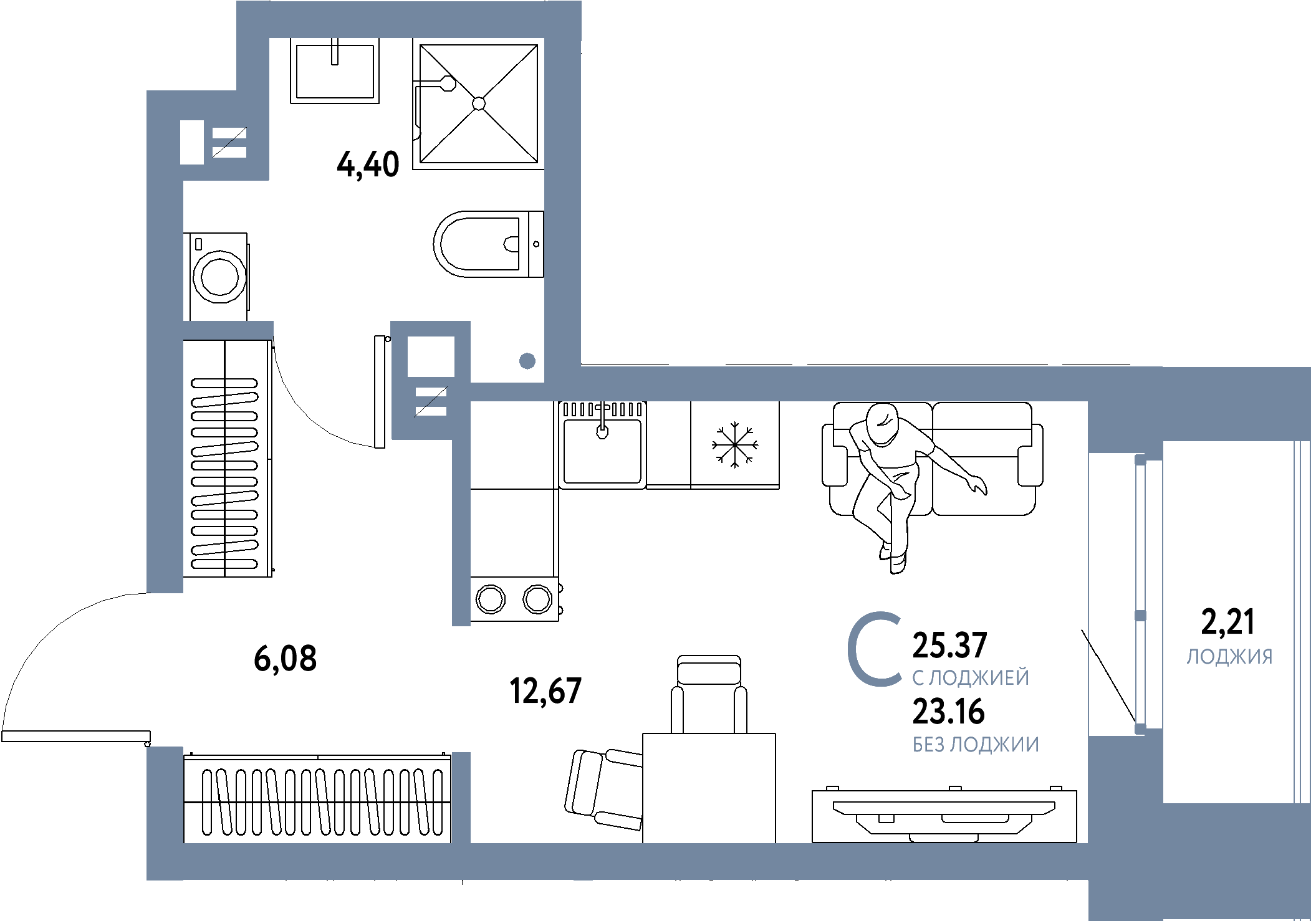 Планировка: Студия 25,37 м² в ЖК «Авторский»