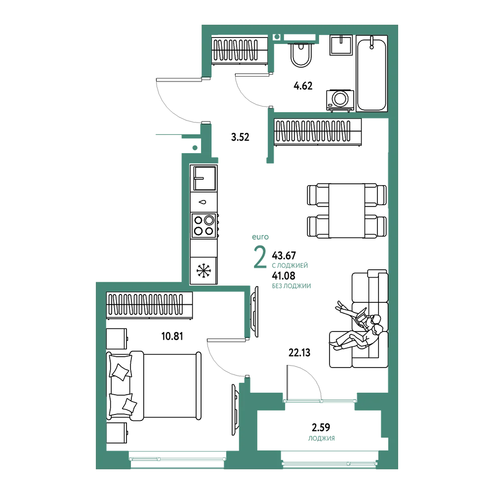 Планировка: Евродвушка 43,67 м²