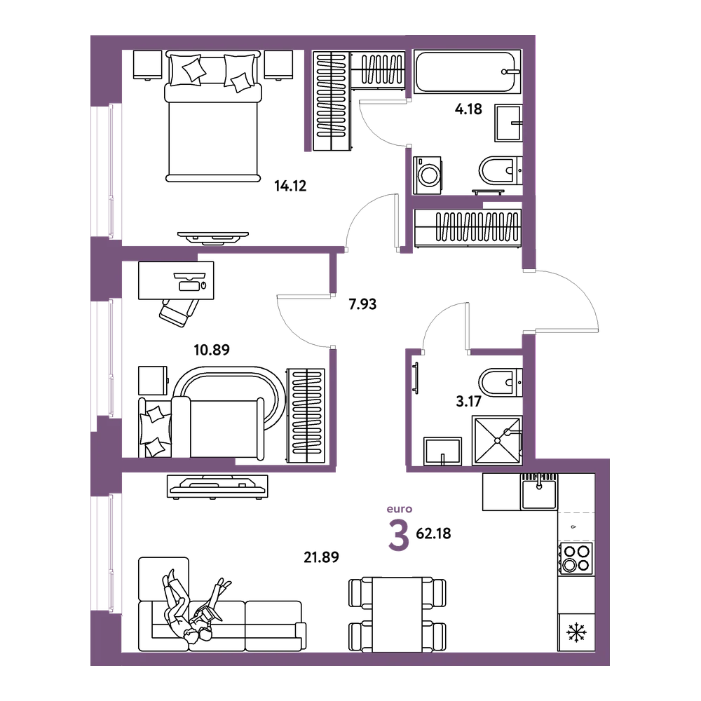 Планировка: Евротрёшка 62,18 м²