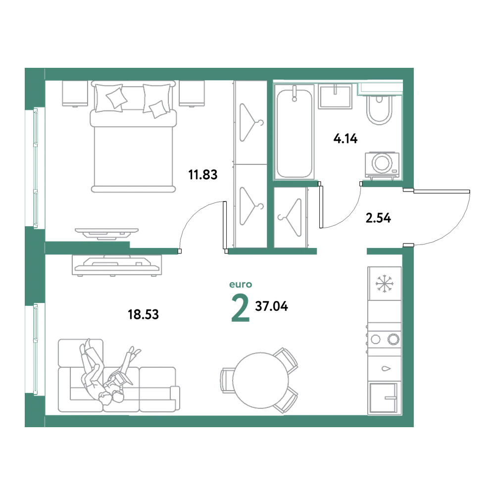 Планировка: Евродвушка 37,04 м²