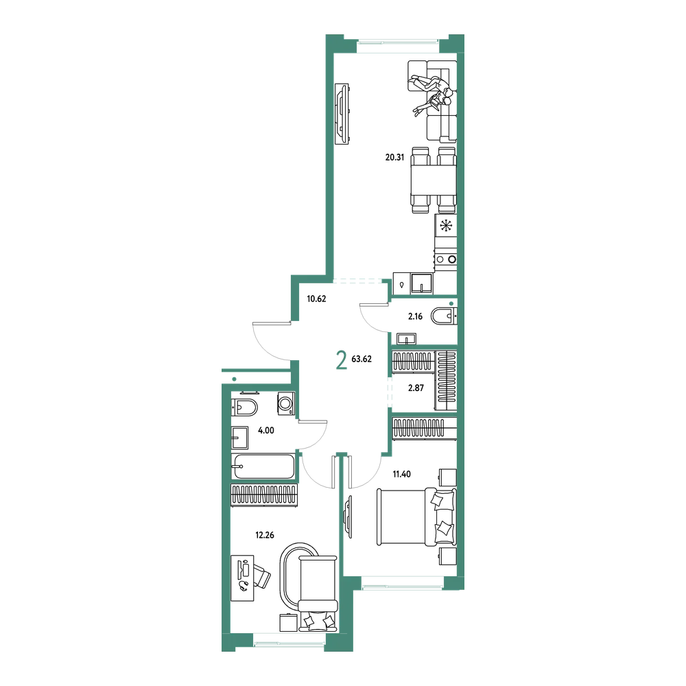 Планировка: 2-комнатная 63,62 м²
