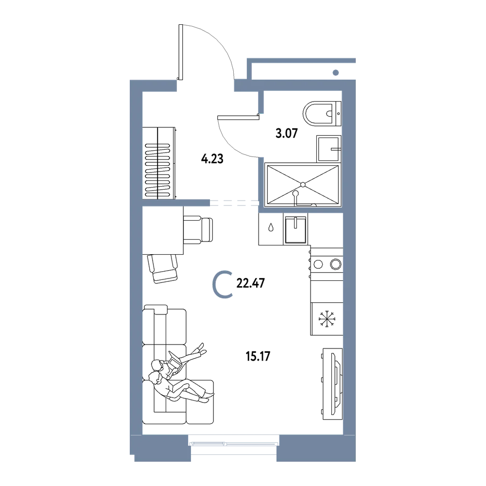 Планировка: Студия 22,47 м²