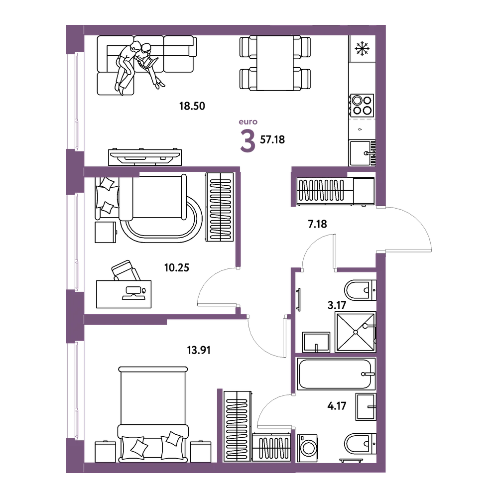 Планировка: Евротрёшка 57,18 м²