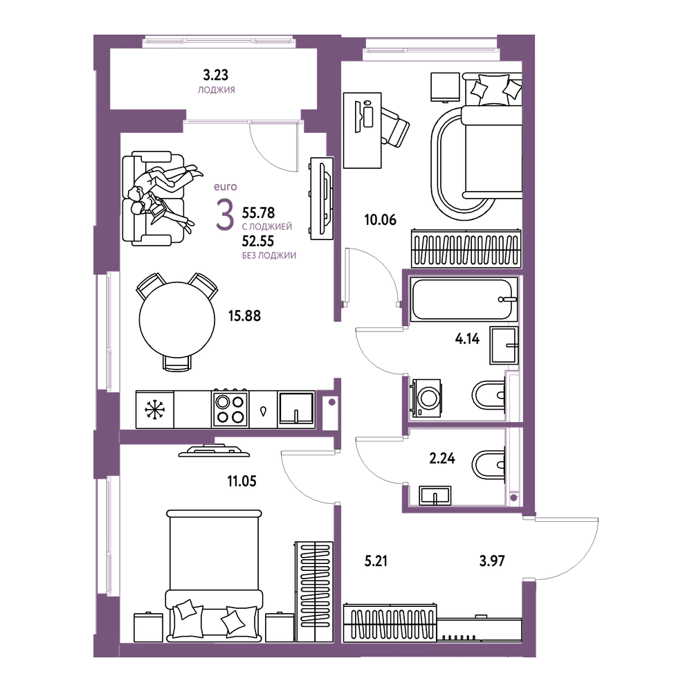 Планировка: Евротрёшка 55,83 м²