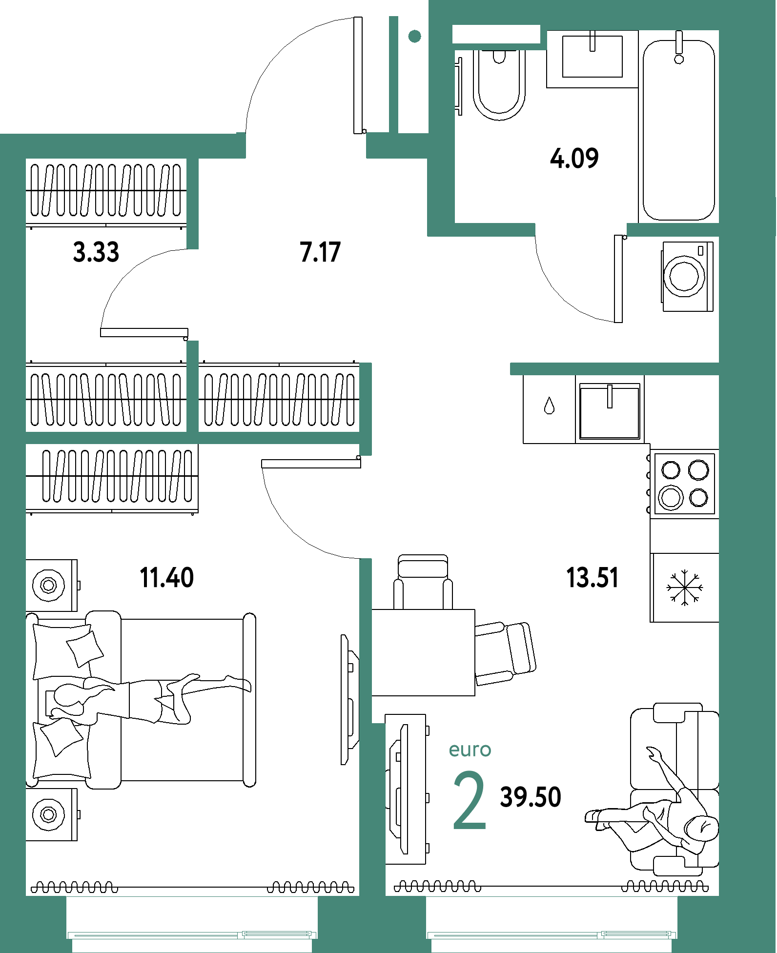 Планировка: Евродвушка 39,5 м² в ЖК «Домашний»