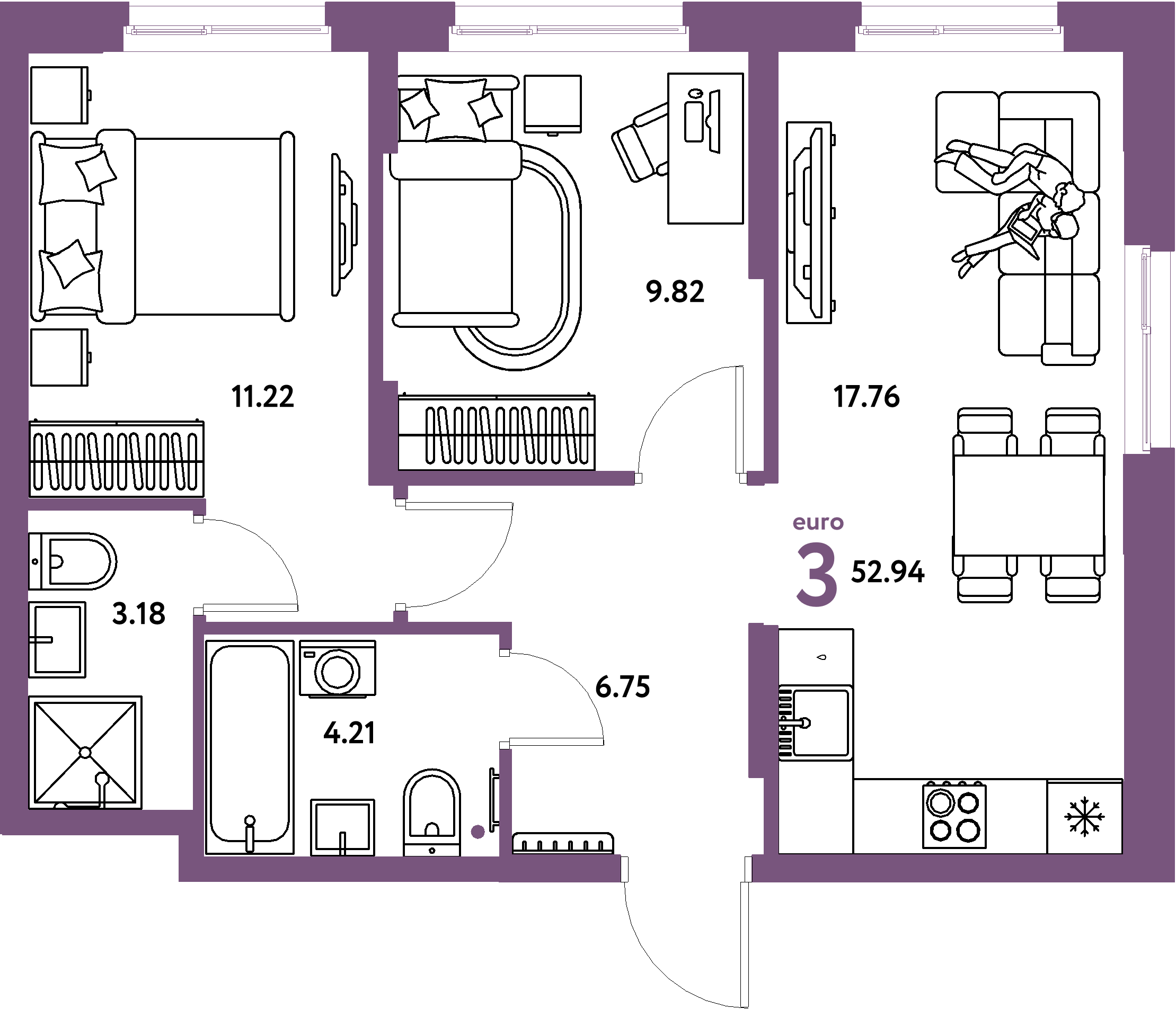 Планировка: Евротрёшка 52,94 м² в ЖК «Европейский берег 2.0»