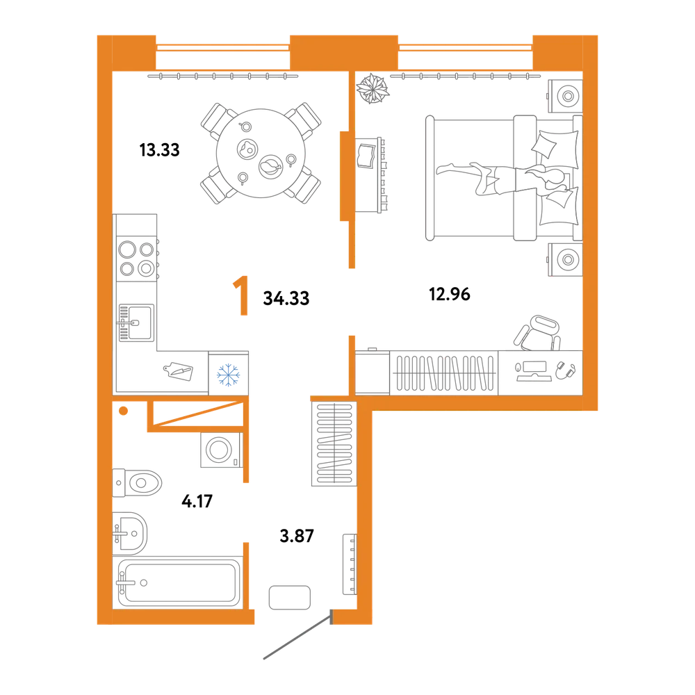 Планировка: 1-комнатная 34,33 м²