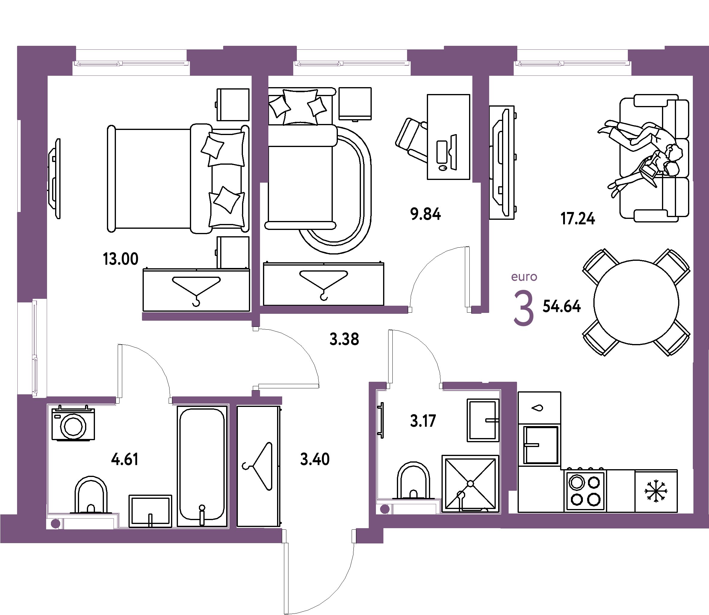 Планировка: Евротрёшка 54,64 м² в ЖК «Европейский берег 2.0»