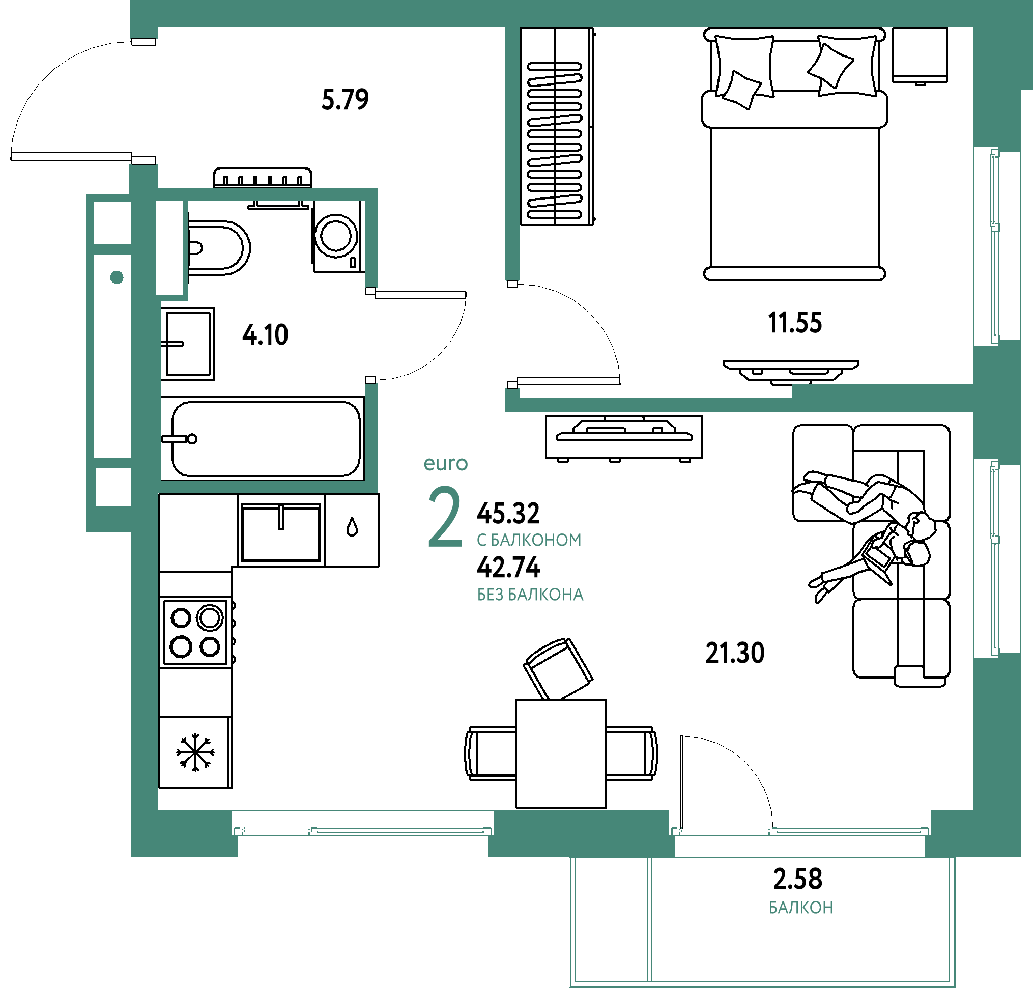 Планировка: Евродвушка 45,32 м² в ЖК «Авторский»