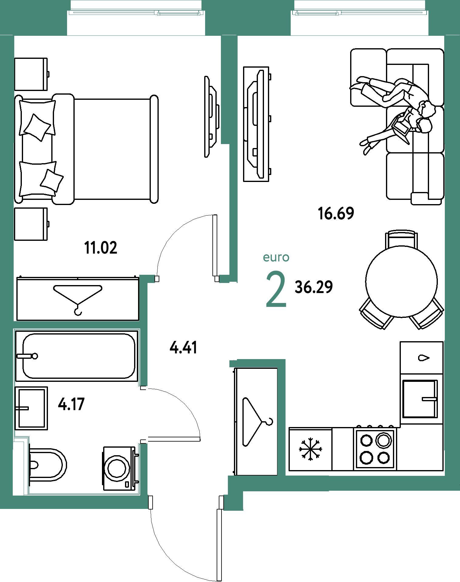 Планировка: Евродвушка 36,29 м² в ЖК «Европейский берег 2.0»