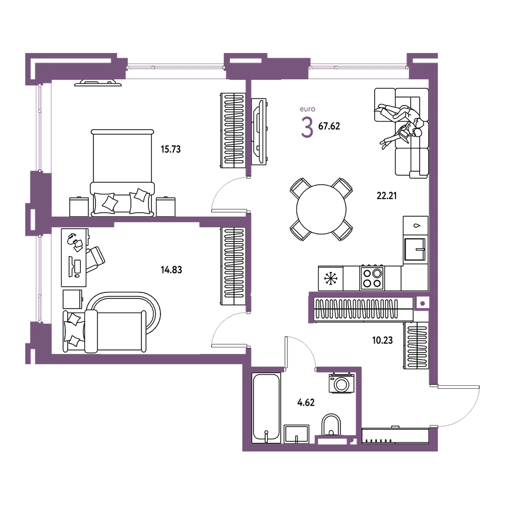 Планировка: Евротрёшка 67,62 м²