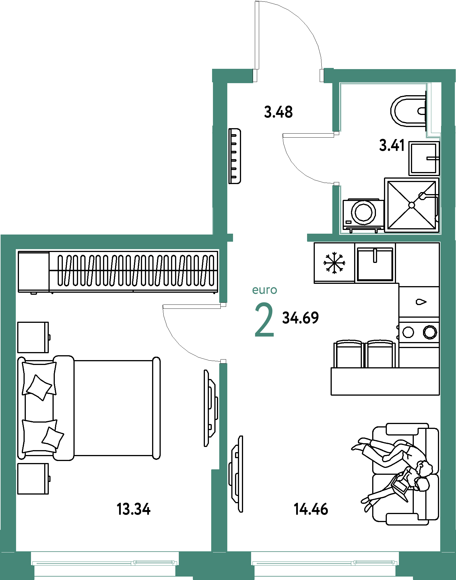 Планировка: Евродвушка 34,69 м² в ЖК «Домашний»