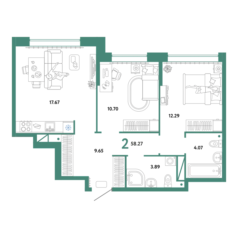 Планировка: 2-комнатная 58,27 м²