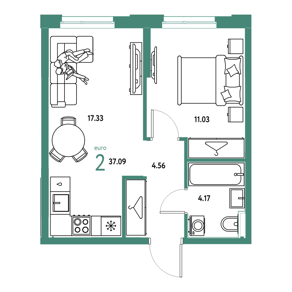 Планировка: Евродвушка 37,09 м²
