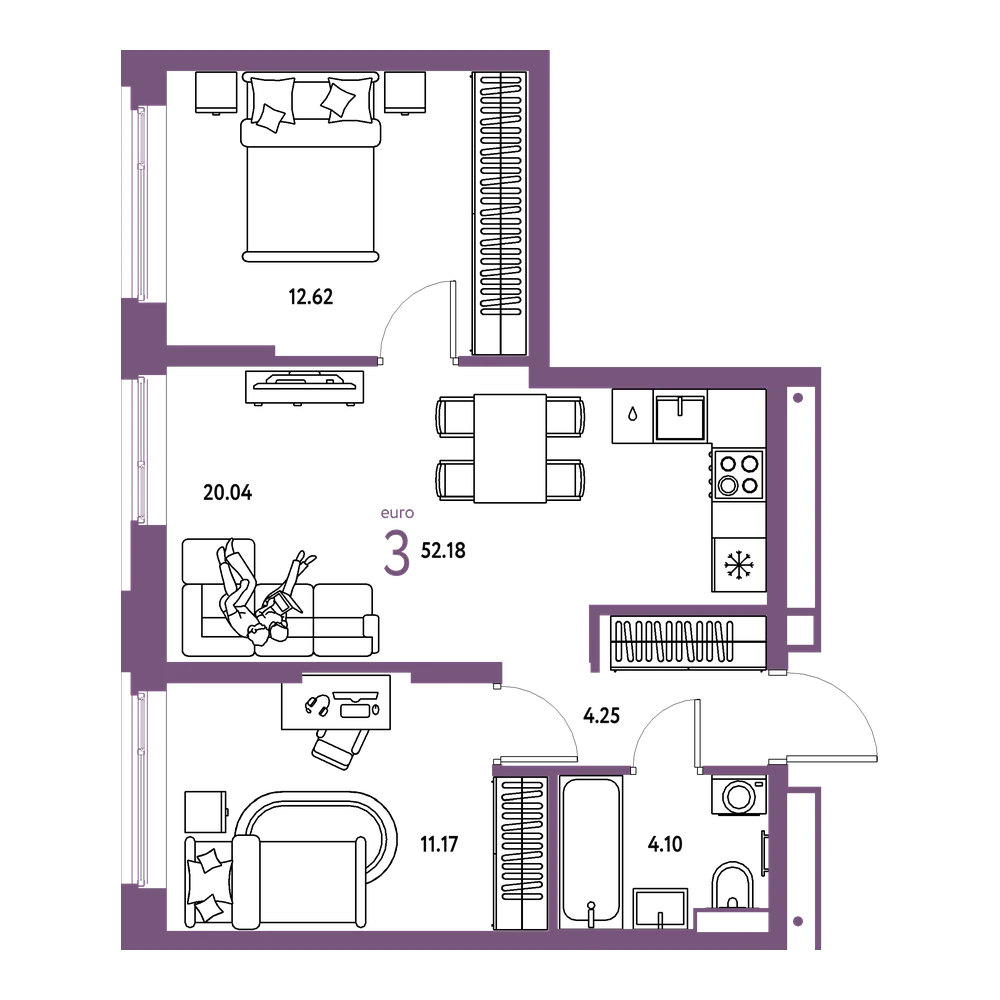 Планировка: Евротрёшка 52,18 м²