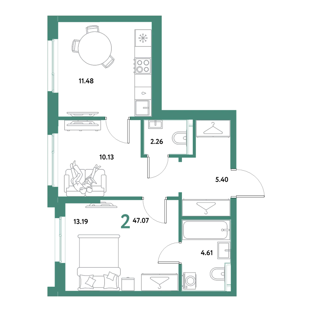 Планировка: 2-комнатная 47,07 м²