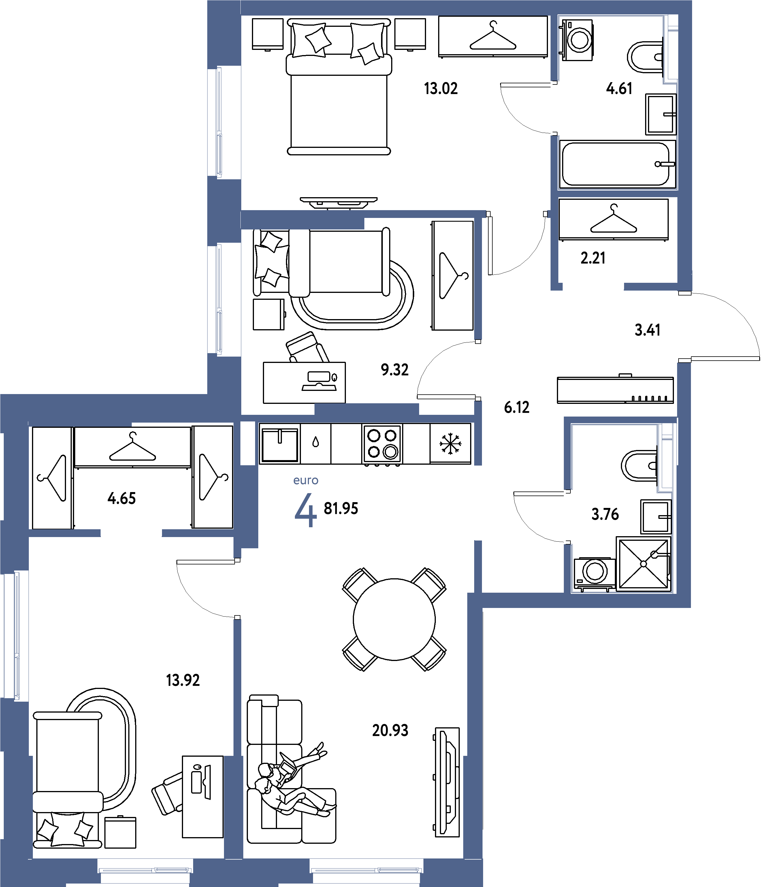 Планировка: Евро-4 81,95 м² в ЖК «Европейский берег 2.0»