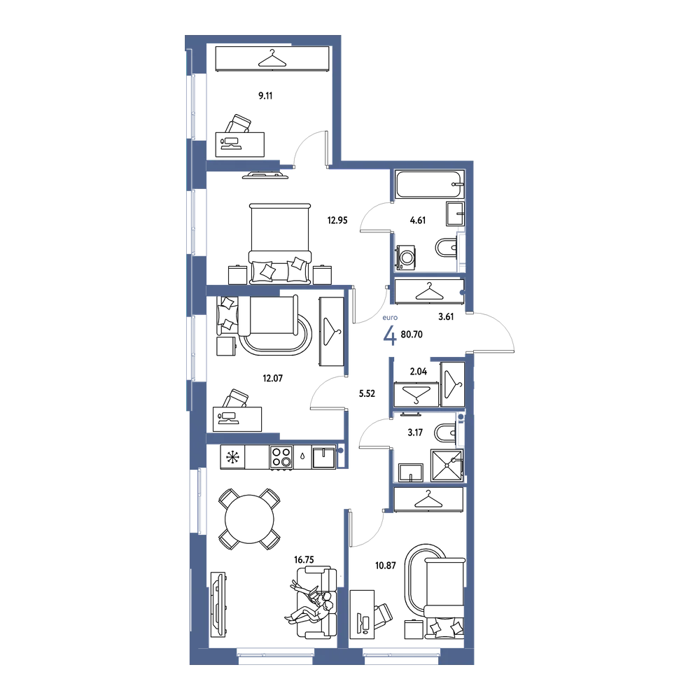 Планировка: Евро-4 80,7 м²