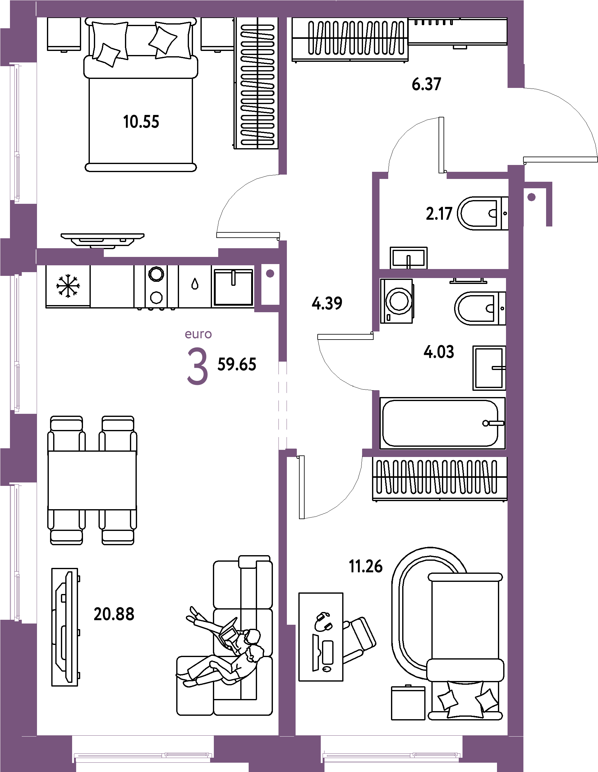 Планировка: Евротрёшка 59,65 м² в ЖК «Домашний»