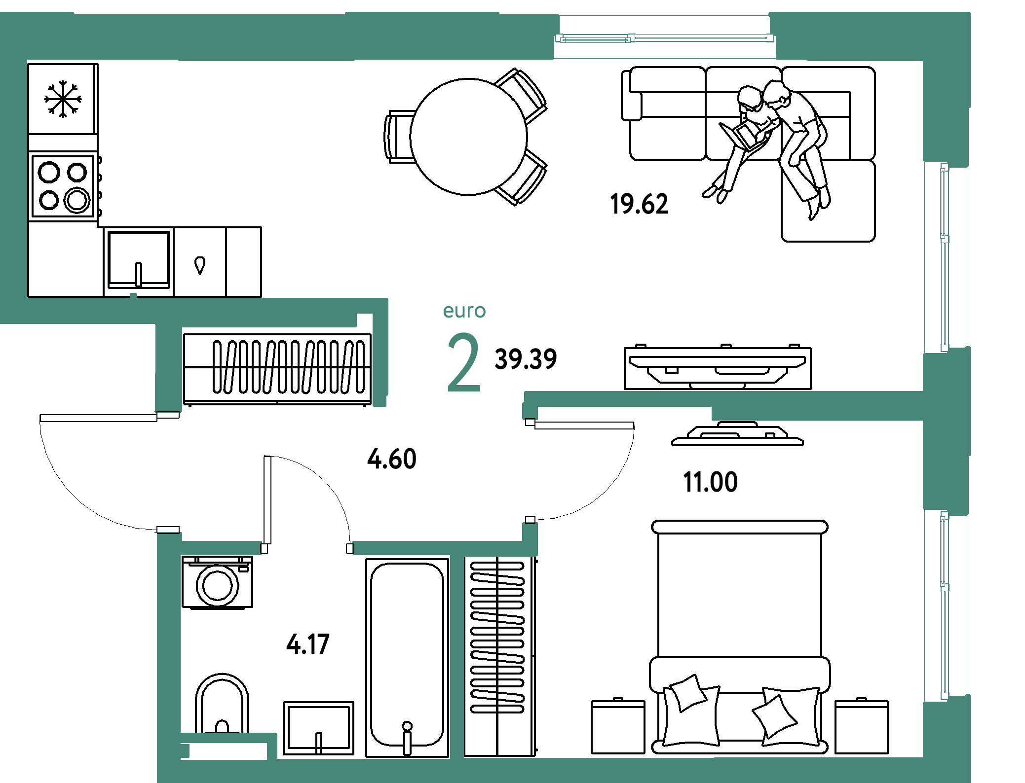 Планировка: Евродвушка 39,39 м² в ЖК «Остров-сад»