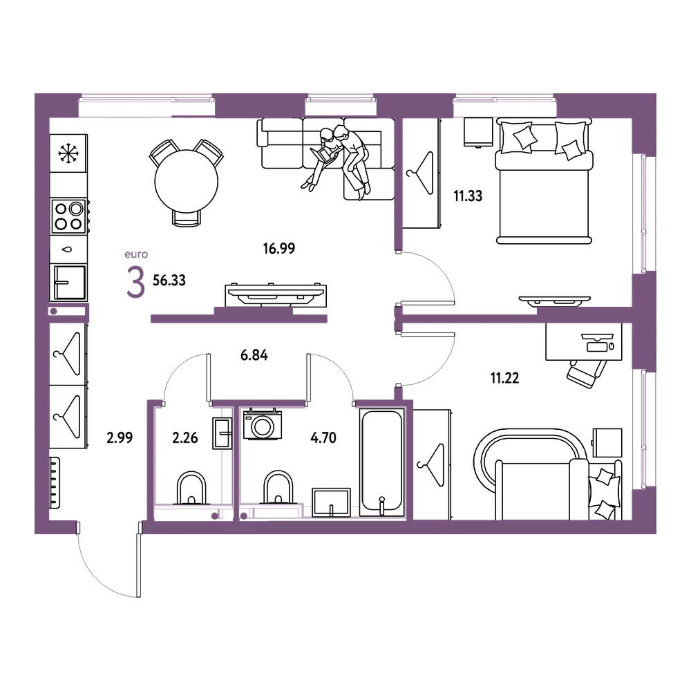 Планировка: Евротрёшка 56,33 м²