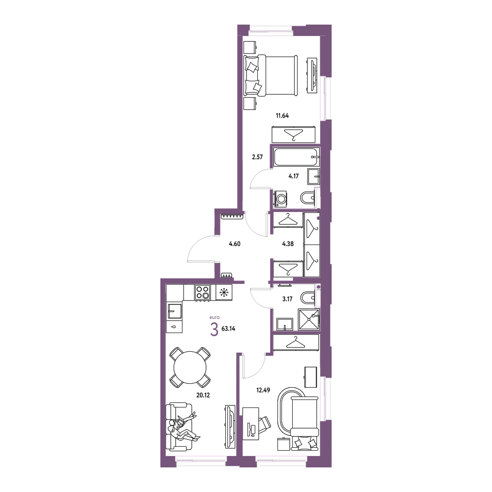 Планировка: Евротрёшка 63,14 м²