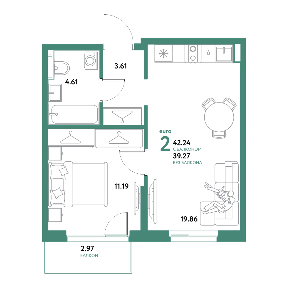 Планировка: Евродвушка 42,24 м²