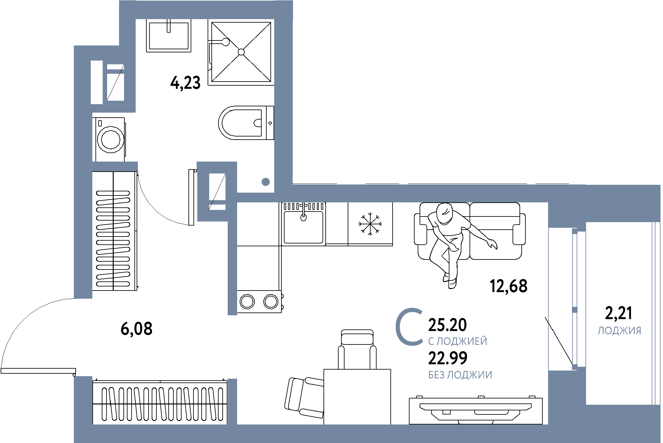 Планировка: Студия 25,2 м² в ЖК «Авторский»