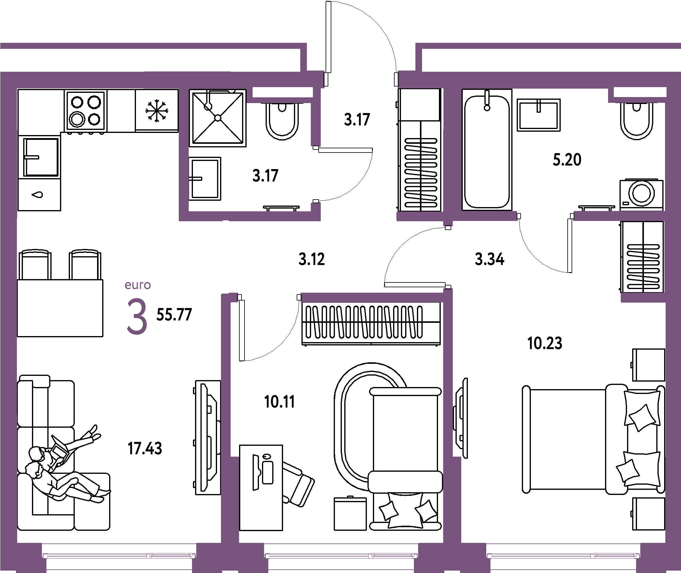 Планировка: Евротрёшка 55,77 м² в ЖК «Страна.Прибрежная»