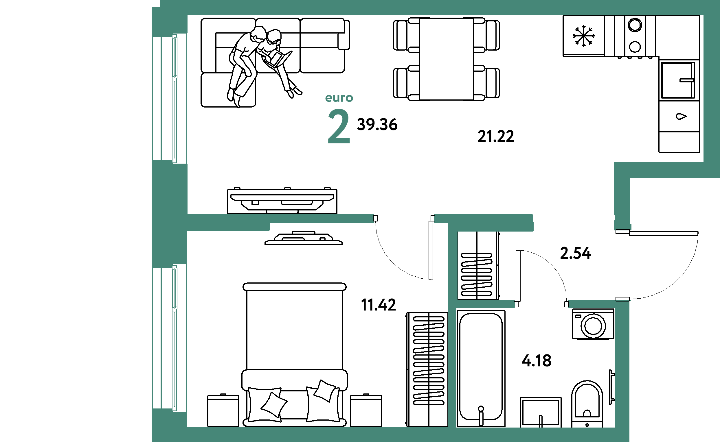 Планировка: Евродвушка 39,36 м² в ЖК «Европейский берег 2.0»