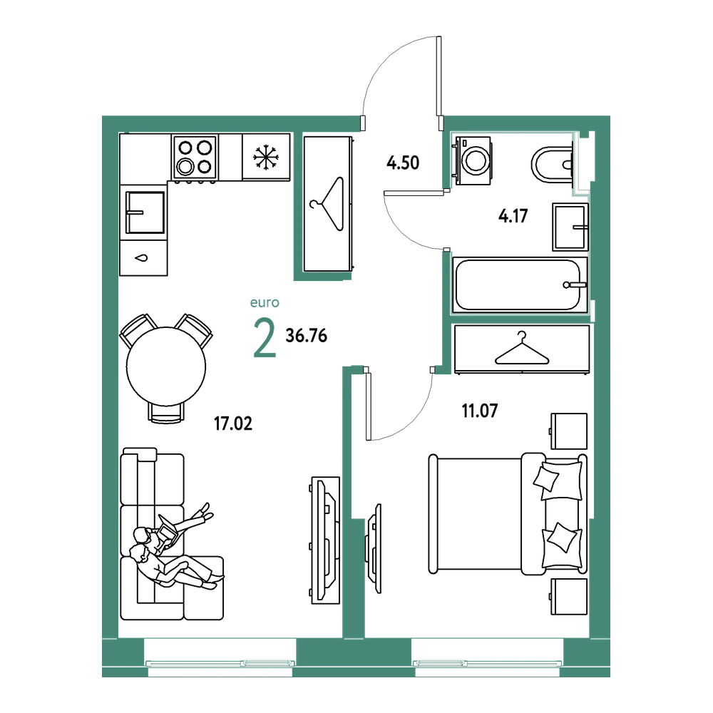 Планировка: Евродвушка 36,76 м²
