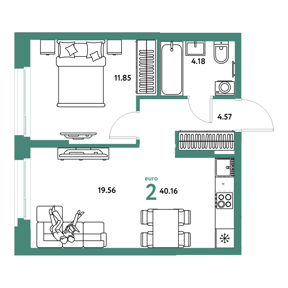 Планировка: Евродвушка 40,16 м²