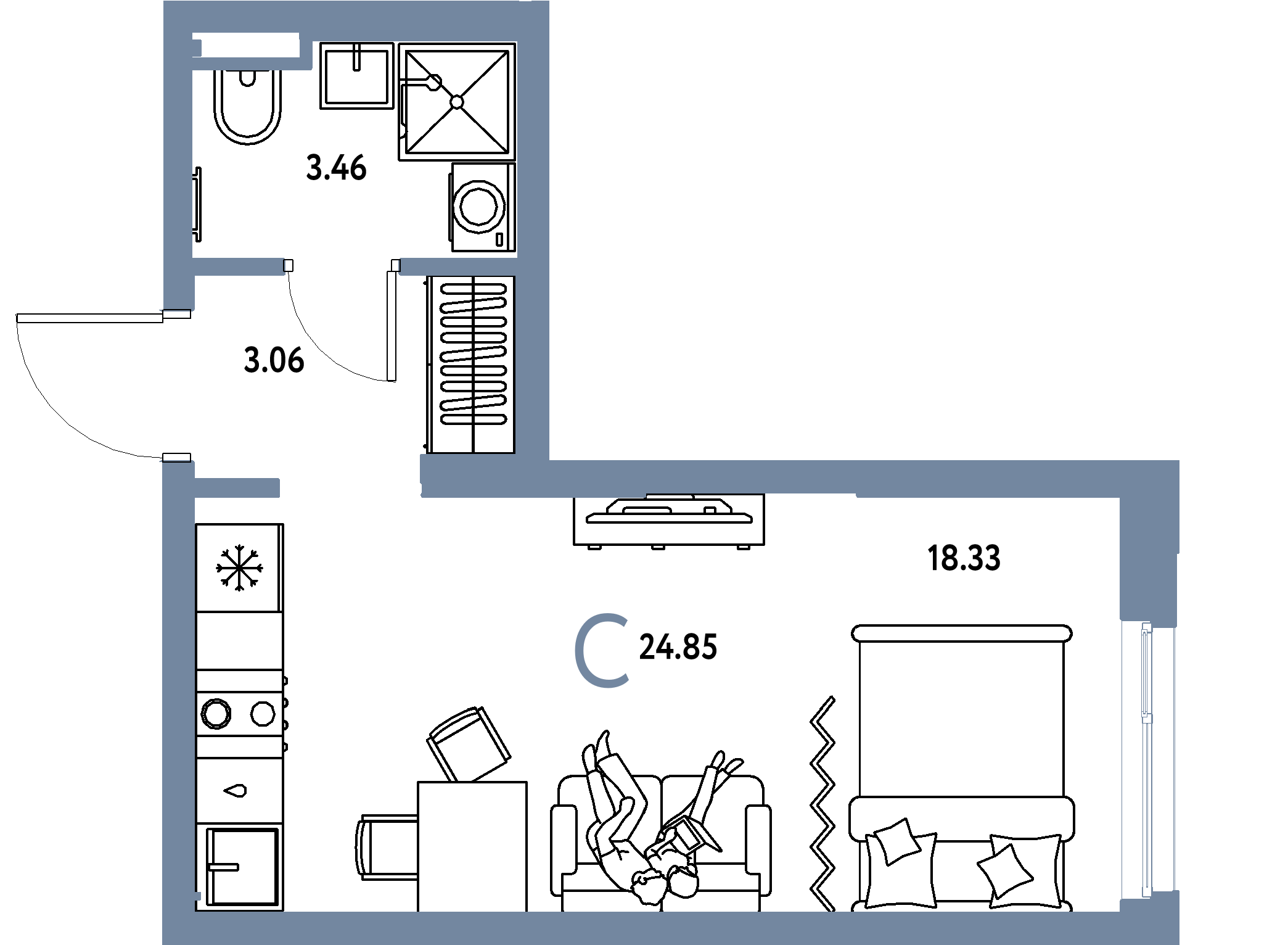 Планировка: Студия 24,85 м² в ЖК «Остров-сад»