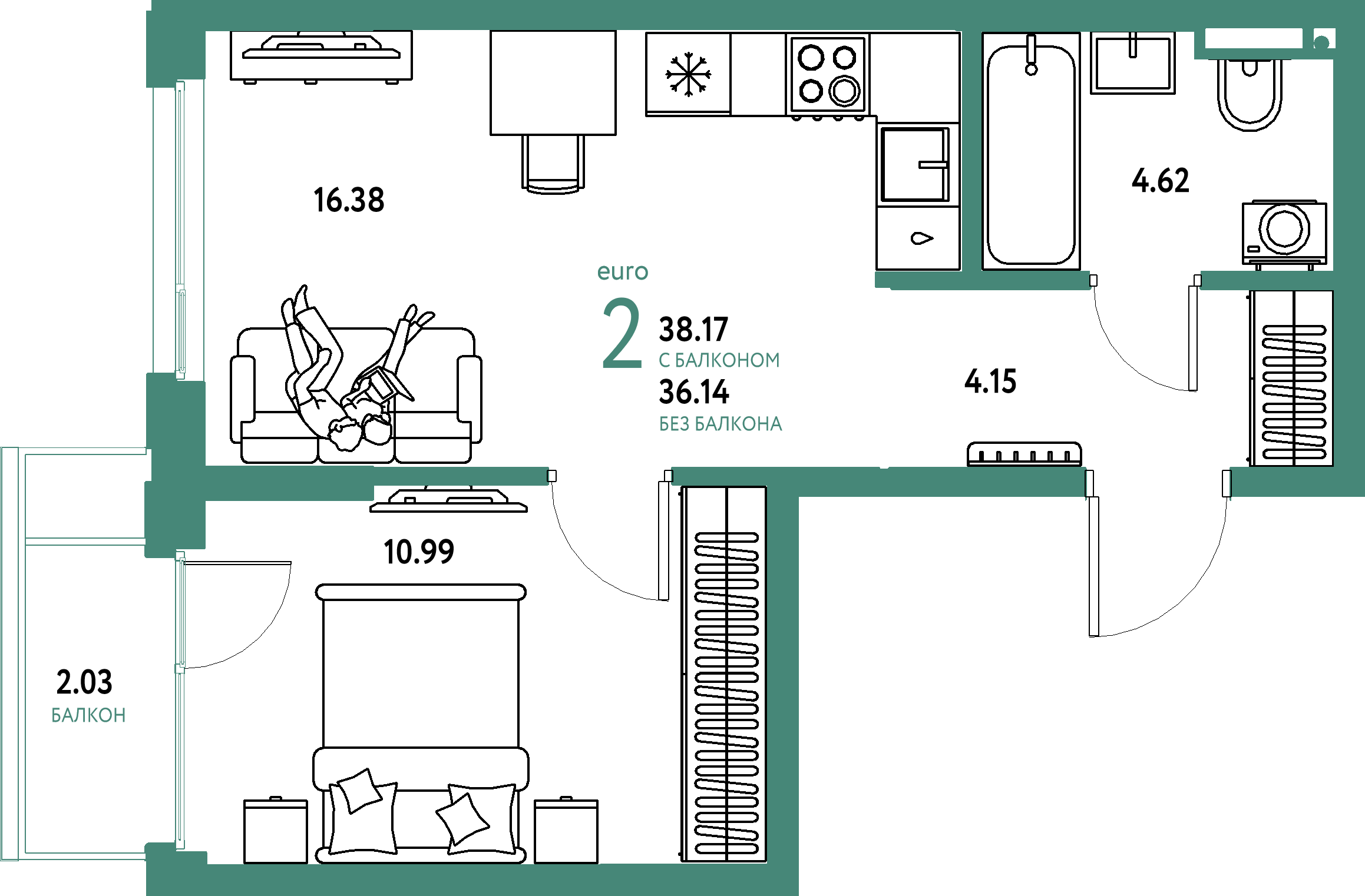 Планировка: Евродвушка 38,17 м² в ЖК «Страна.Прибрежная»