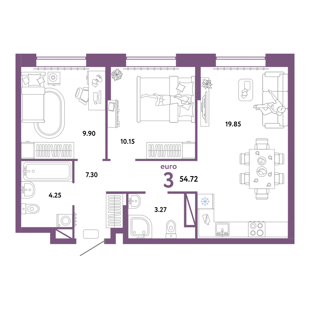 Планировка: Евротрёшка 54,72 м²