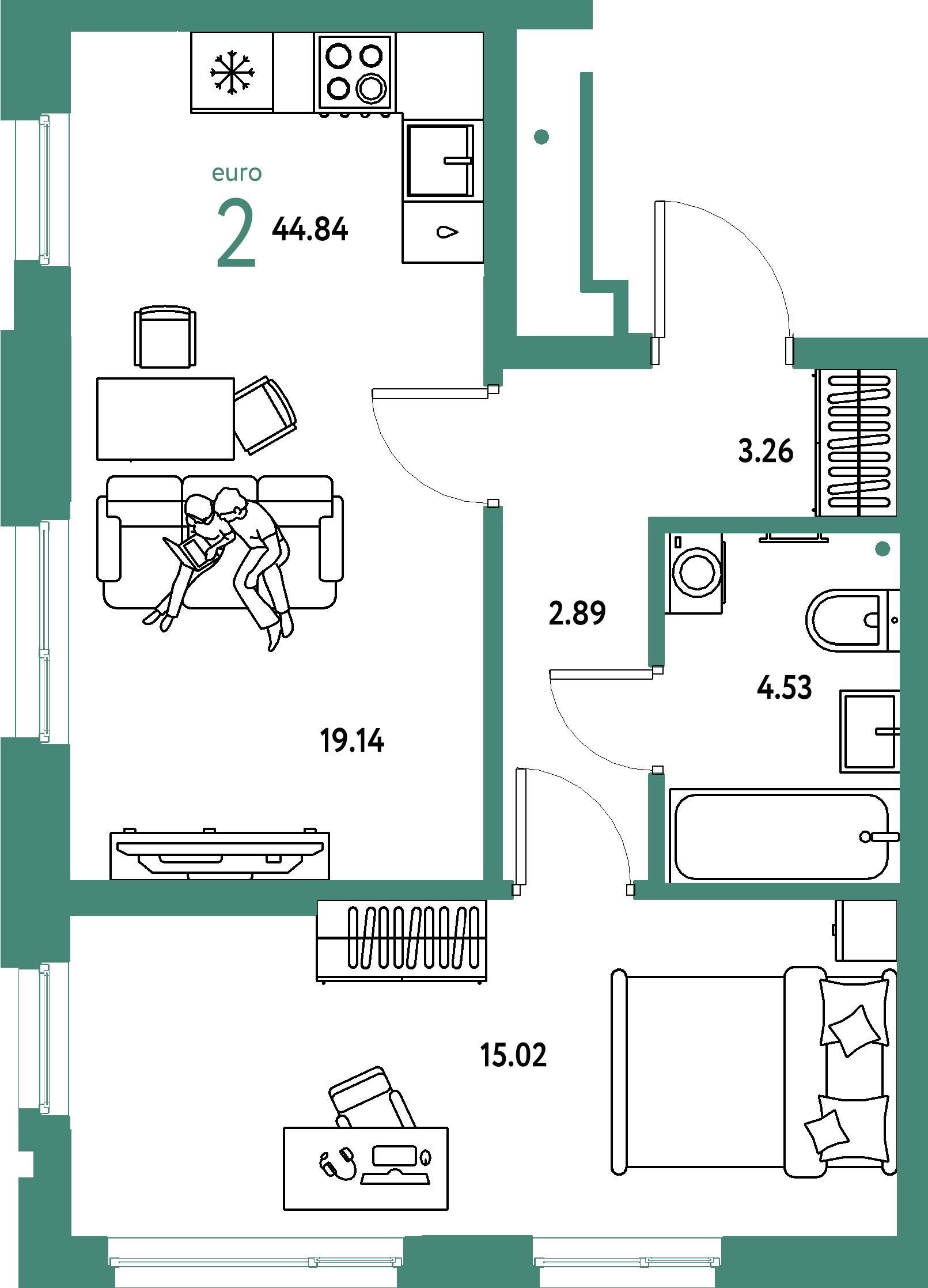 Планировка: Евродвушка 44,84 м² в ЖК «Домашний»