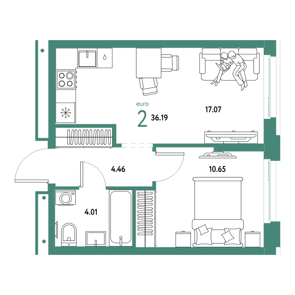 Планировка: Евродвушка 36,19 м²