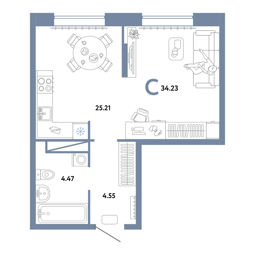 Планировка: Студия 34,23 м²