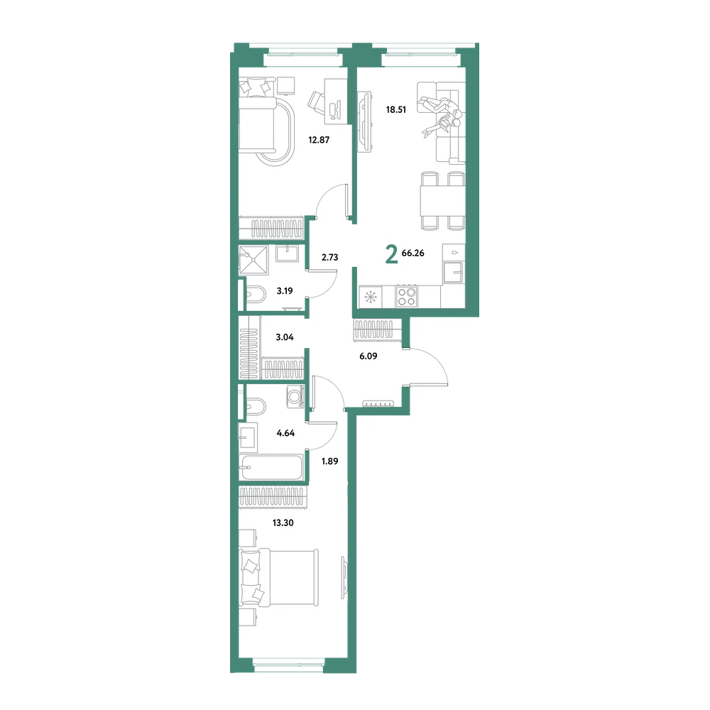 Планировка: 2-комнатная 66,26 м²
