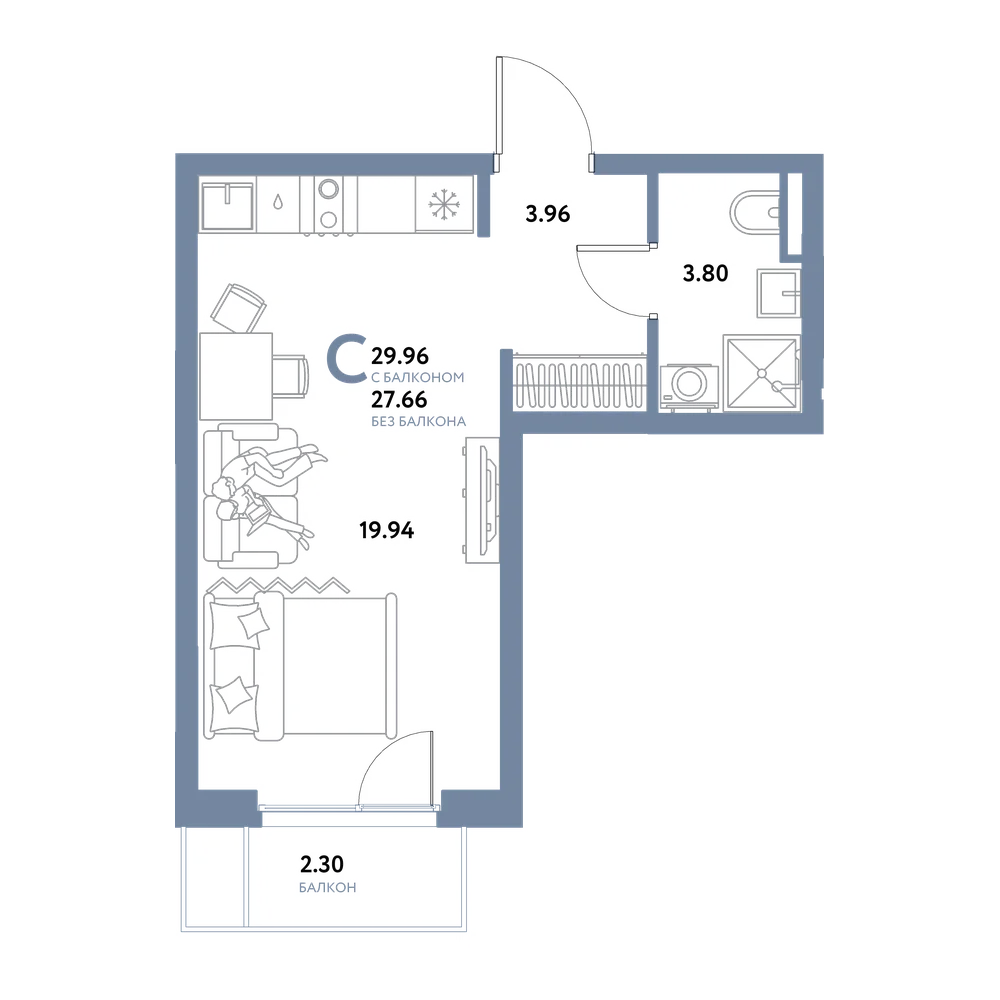 Планировка: Студия 29,96 м²