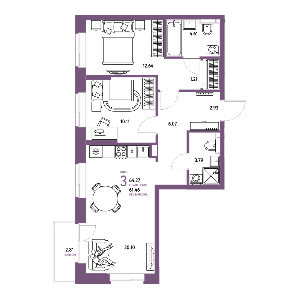 Планировка: Евротрёшка 64,27 м²