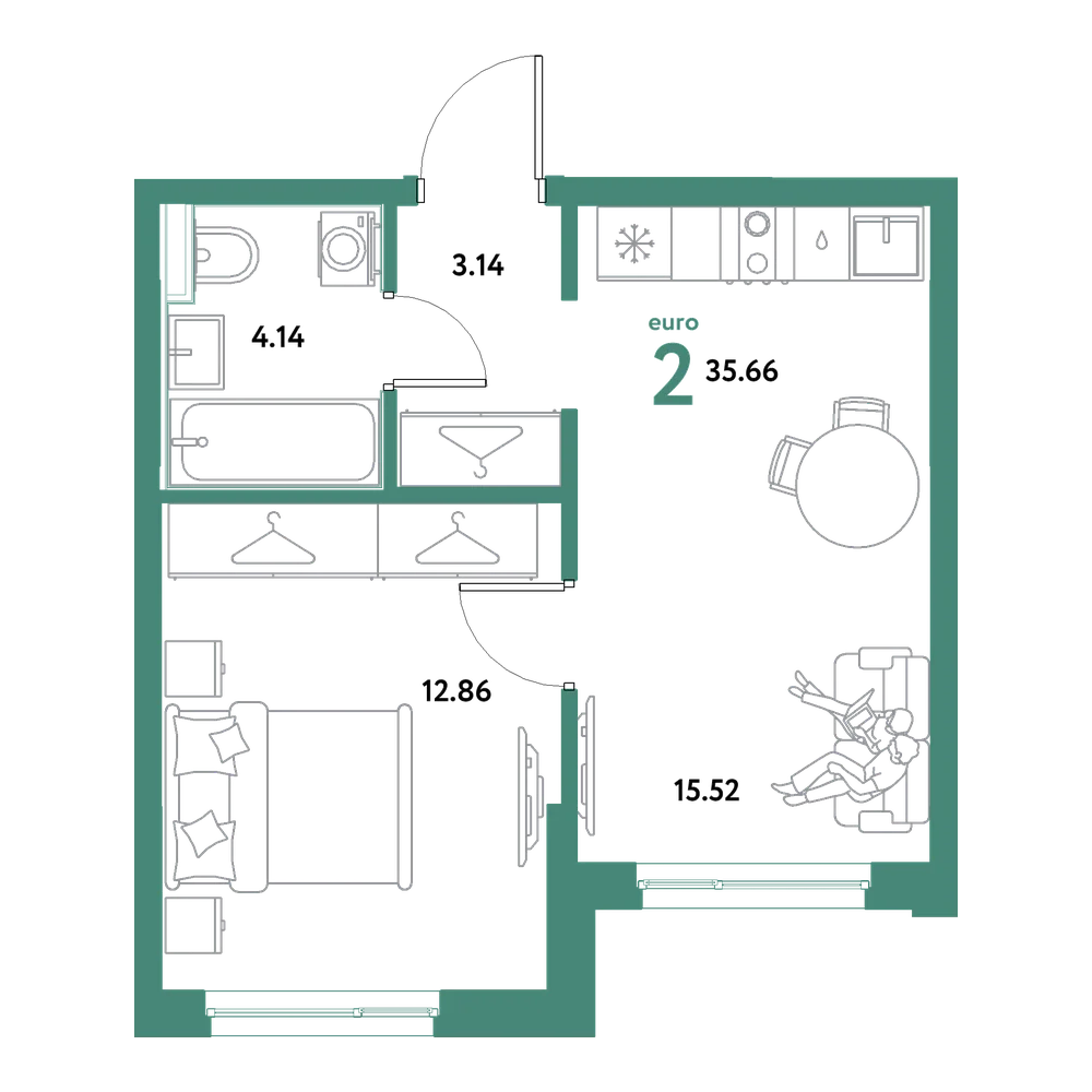 Планировка: Евродвушка 35,66 м²