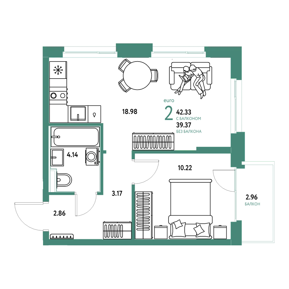 Планировка: Евродвушка 42,05 м²