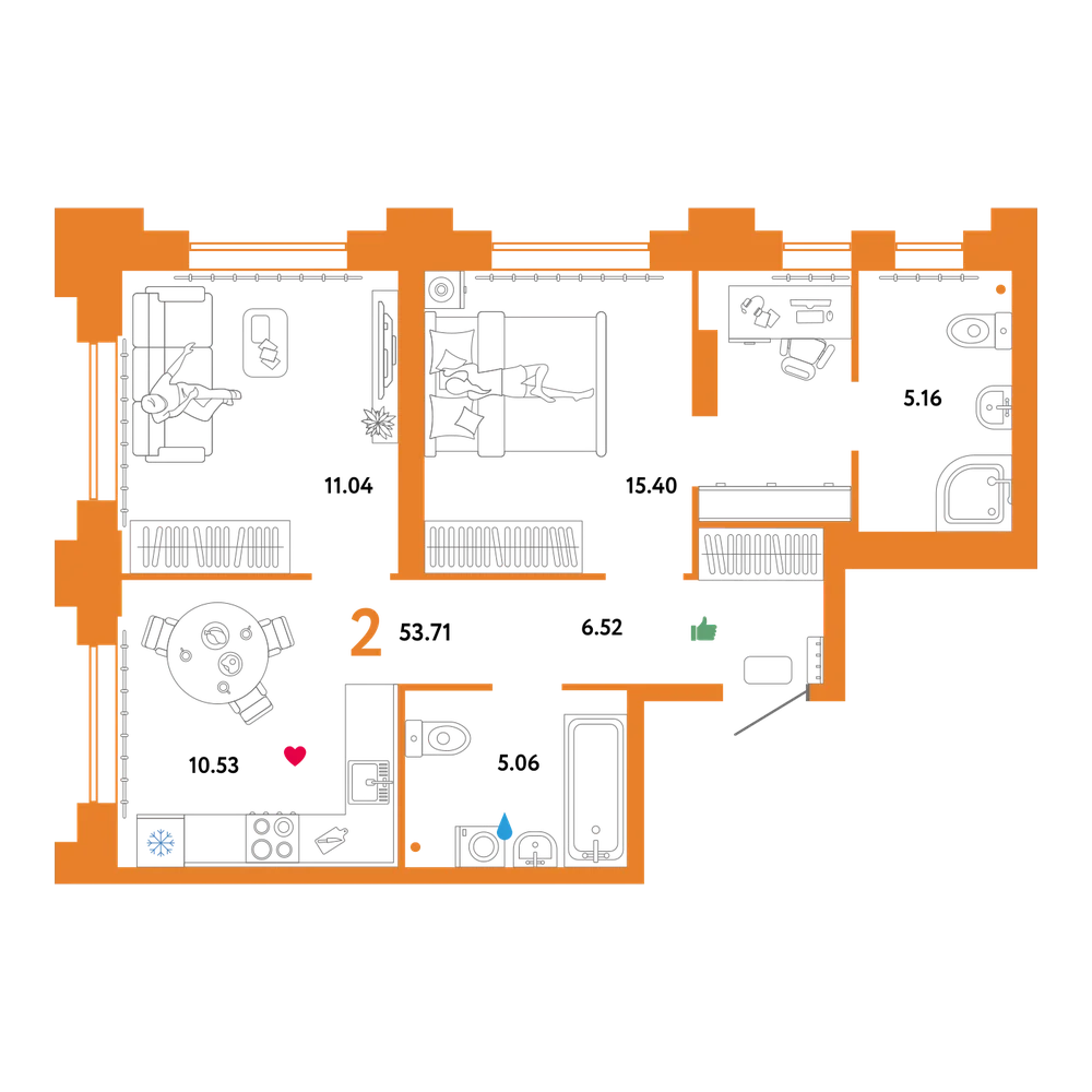 Планировка: 2-комнатная 53,71 м²
