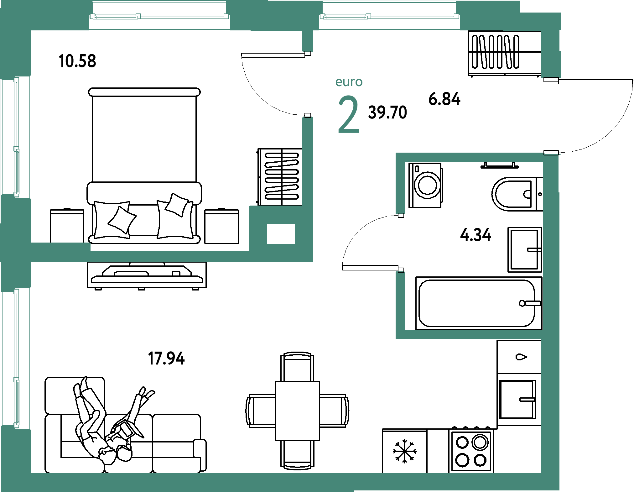 Планировка: Евродвушка 39,7 м² в ЖК «Домашний»