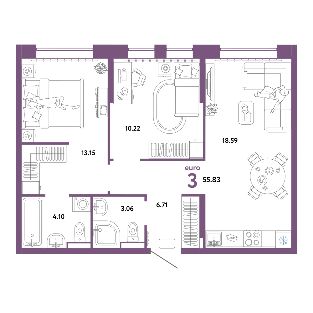 Планировка: Евротрёшка 55,83 м²