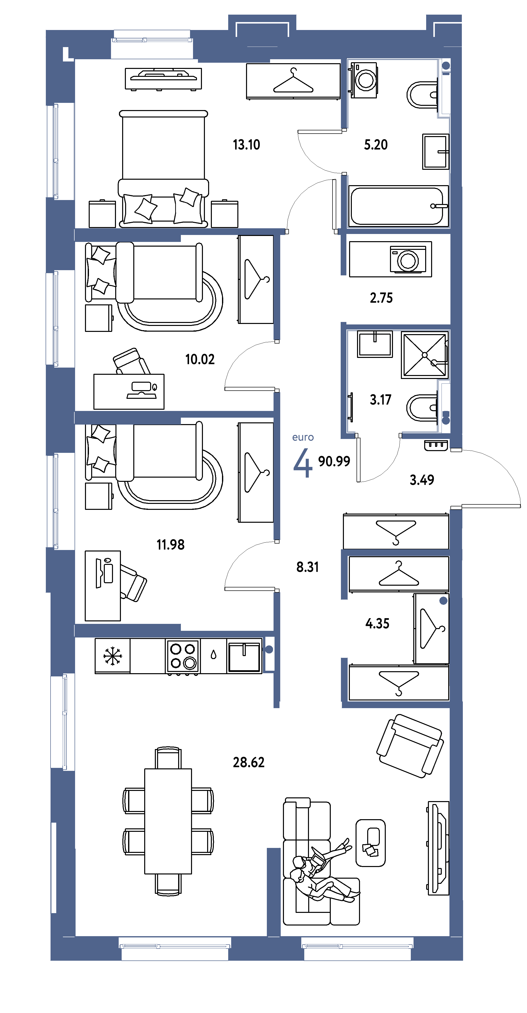 Планировка: Евро-4 90,99 м² в ЖК «Европейский берег 2.0»