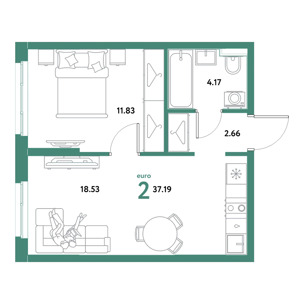 Планировка: Евродвушка 37,19 м²